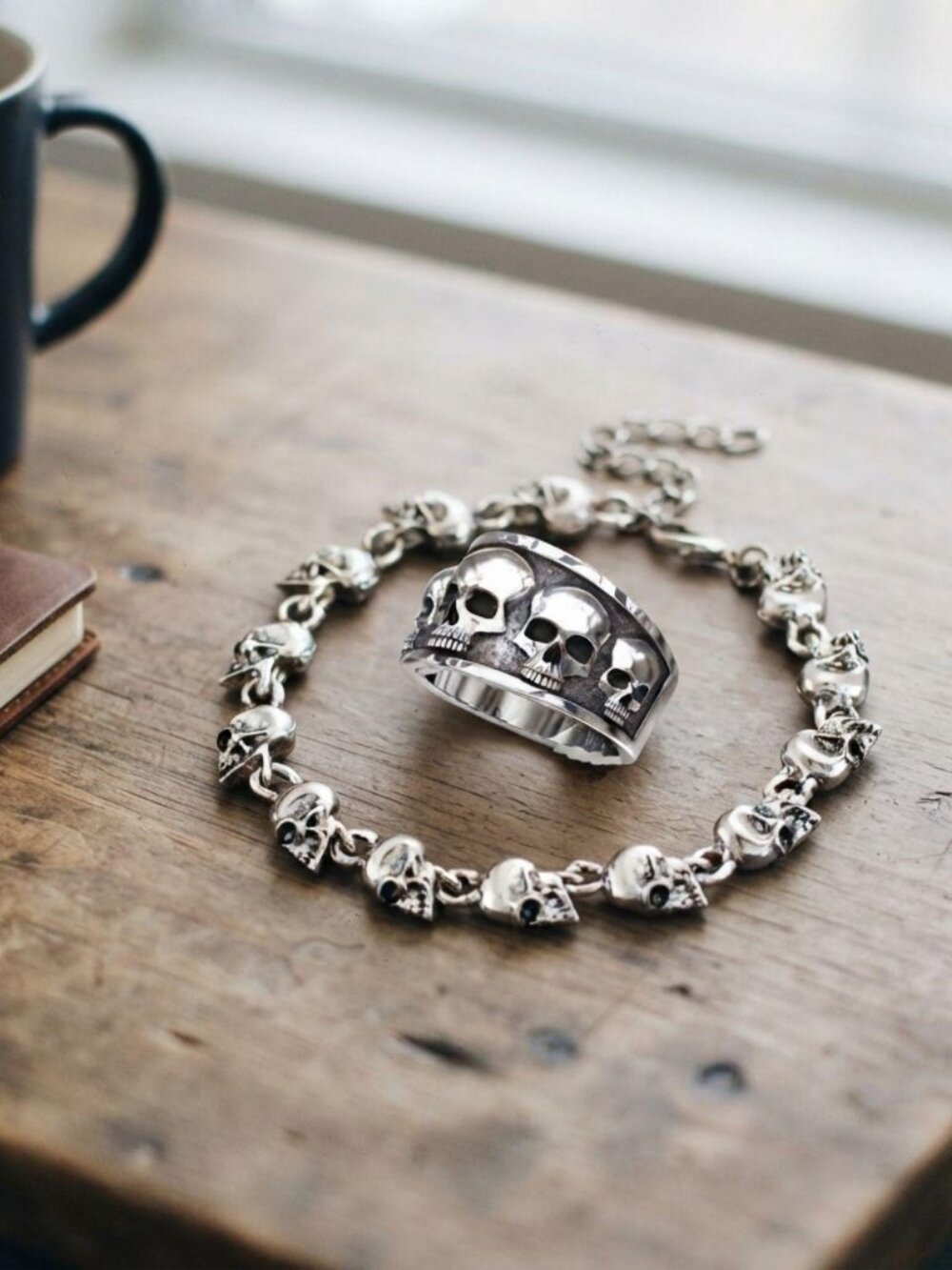 Mens skull chain bracelet ring set stainless steel gothic